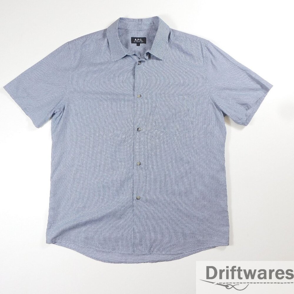 APC Mens Large Blue Micro Check Plaid Short Sleeve Button Shirt